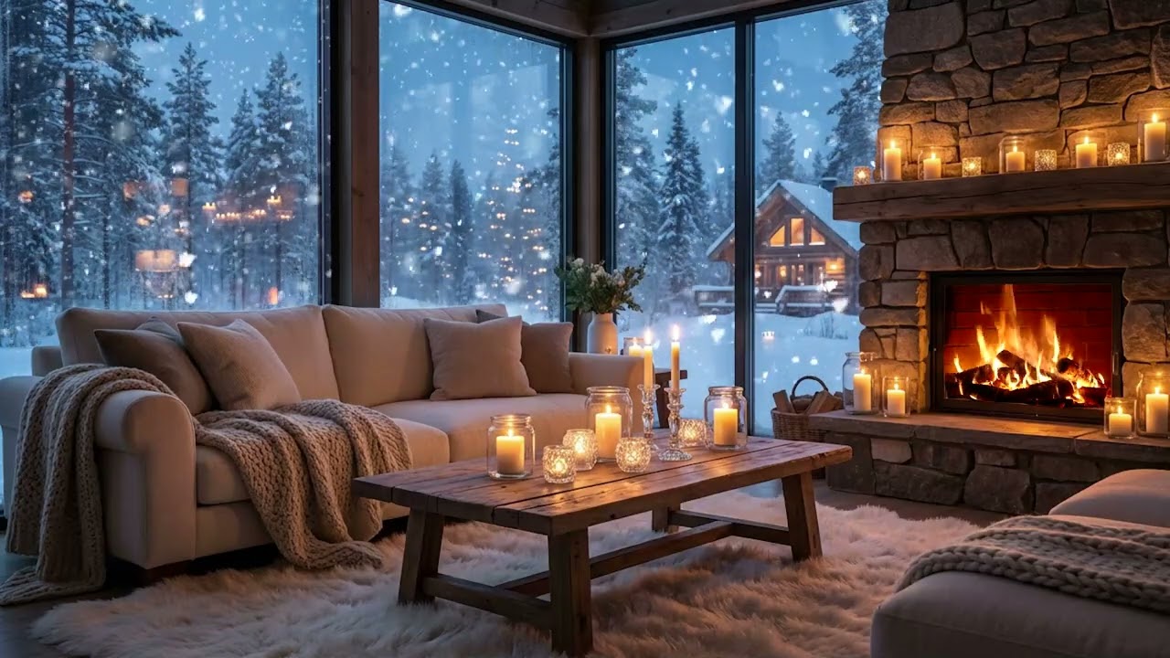 Snowfall Piano Nights — soft falling snow, distant wind, warm firelight and calm night keys