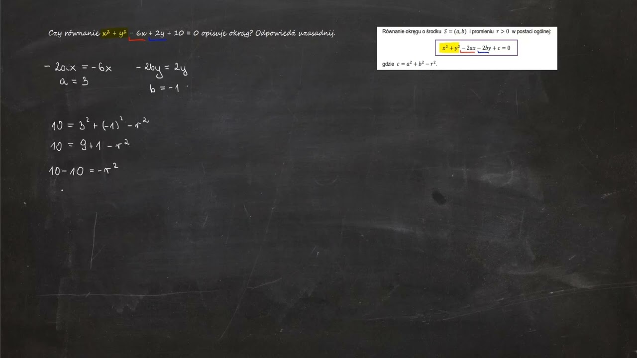 6.57. Czy równanie x² + y² - 6x + 2y + 10 = 0 opisuje okrąg? Odpowiedź uzasadnij.