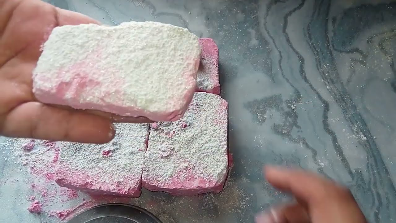 Pink gym chalk blocks and some broken thins crush and sifting|oddly satisfying|ASMR for relaxing 