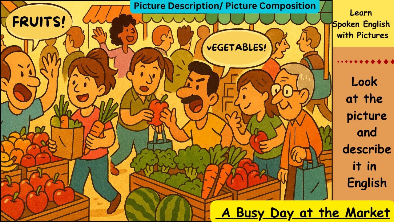 Describe the Picture| A Busy Day at The Market | Look at the Picture & Describe it in English| 2025
