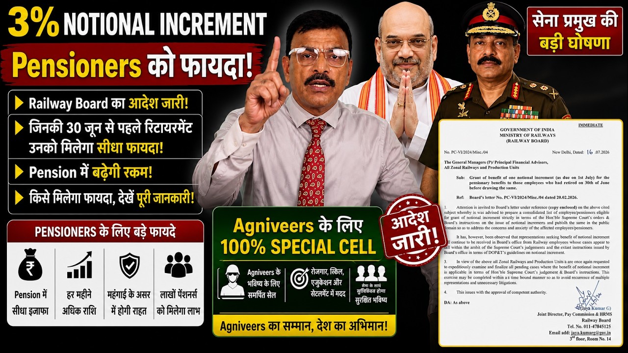 3%NOTIONAL INCREMENT Pensioners को फायदा Agniveers के लिए100% Special Cell सेना प्रमुख की बड़ी घोषणा