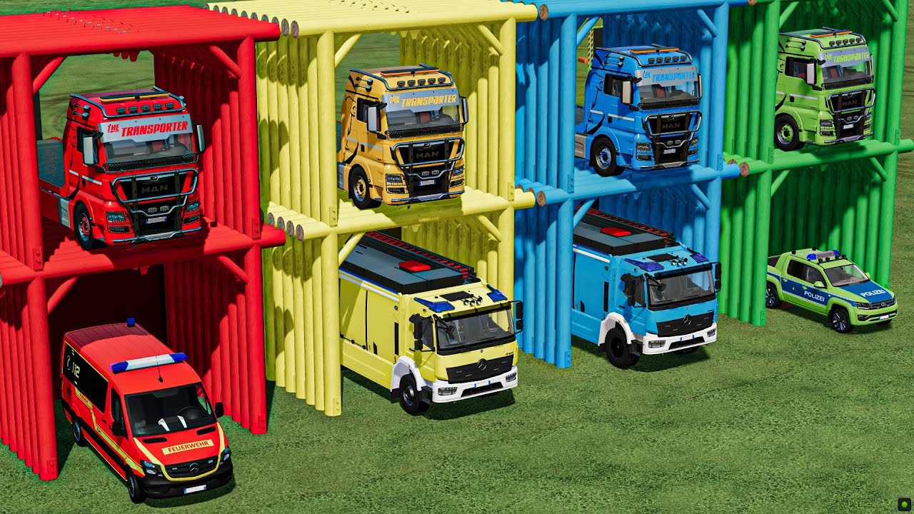 GARAGE with COLORS - TRANSPORTING POLICE CARS , AMBULANCE , FIRE DEPARTMENT , TRUCKS | FS22