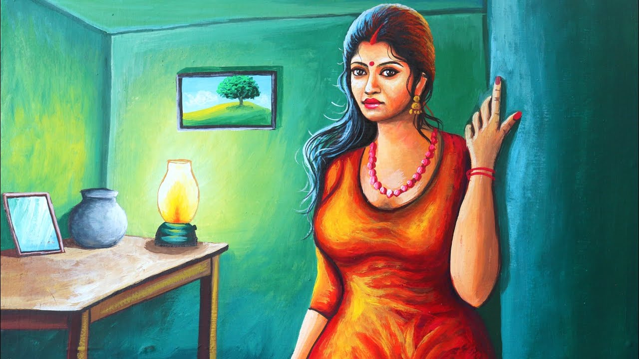 Painting of a beautiful indian woman in the house | indoor painting