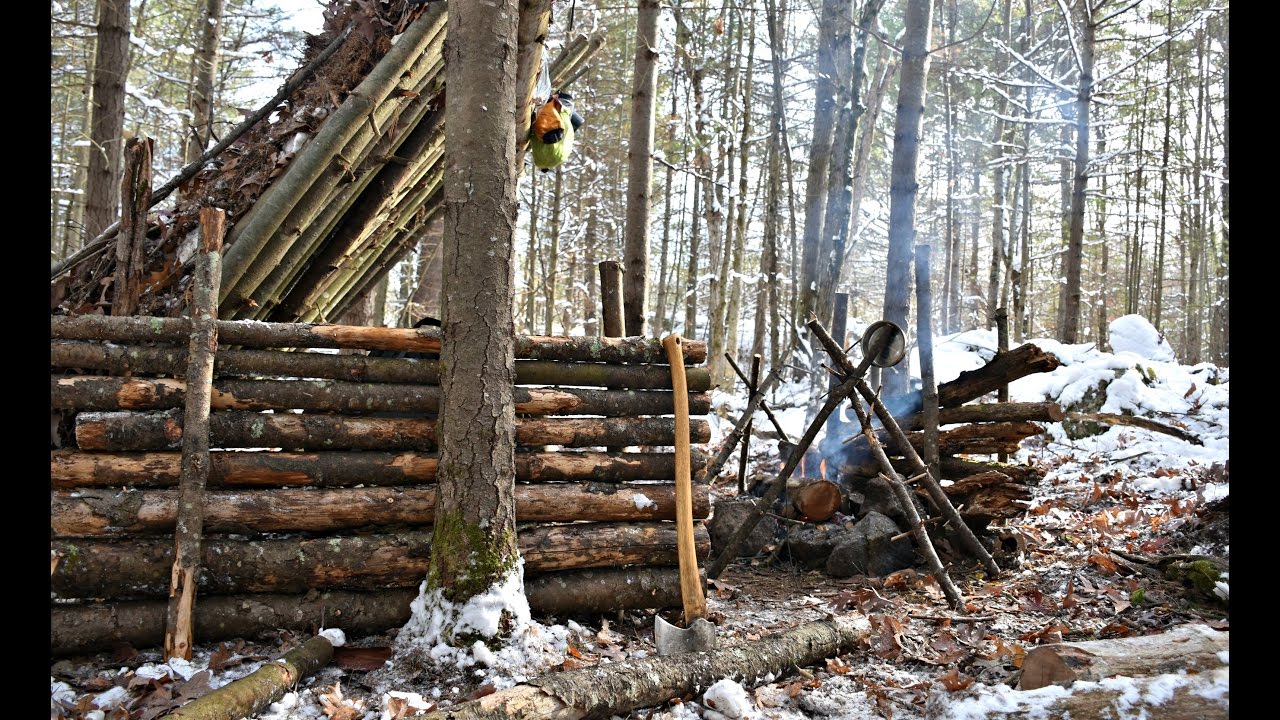 Solo Bushcraft Camp. 2 Nights in the Snow - Natural Shelter, Minimal Gear.