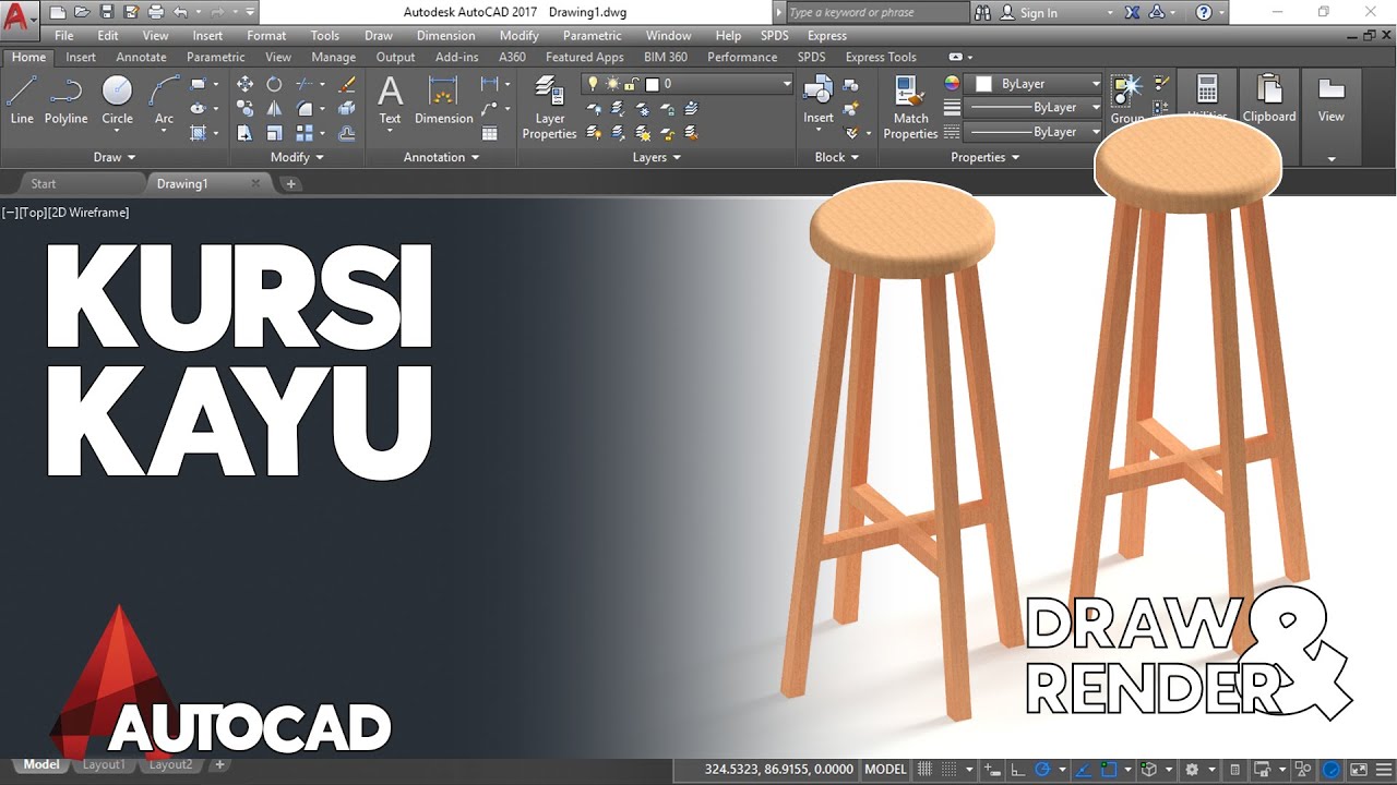 Cara Menggambar dan Render Kursi Kayu 3D di AutoCAD | Kursi Kayu Bulat - AutoCAD