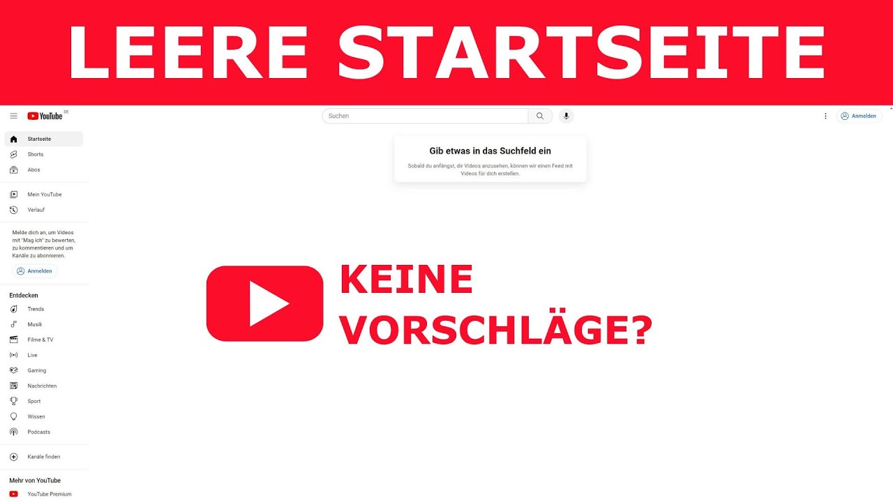 Leere YouTube Startseite - ohne Videovorschl&auml;ge