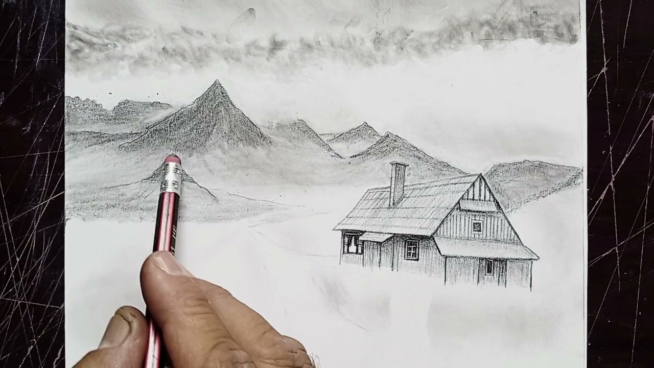 How to Draw Mountain Scenery with a Beautiful Wooden House | Pencil Drawing Tutorial