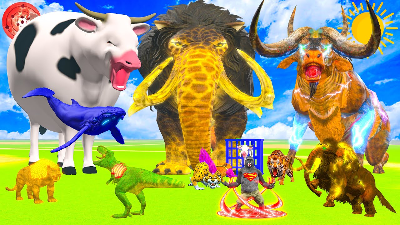 Learn Animal Names: Gorilla Superman Fights Dinosaur, Leopard, Tiger To Save Cow and Buffalo