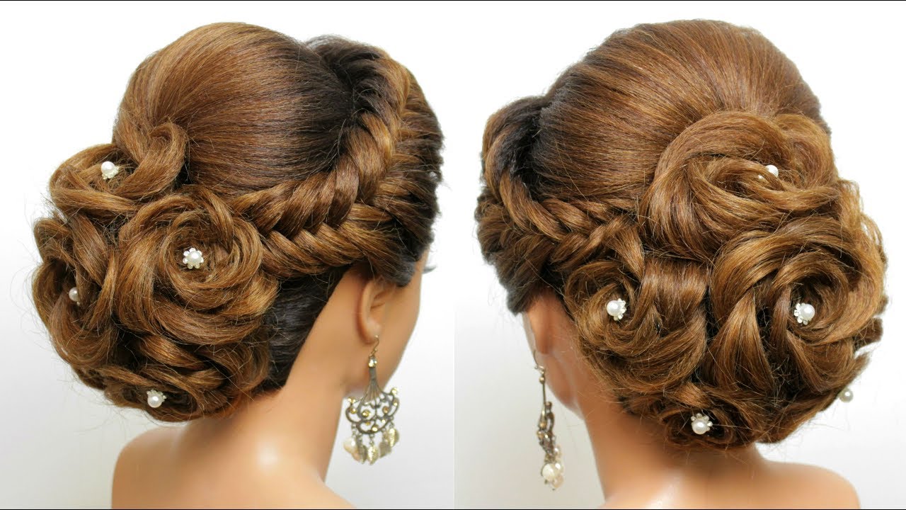 Bridal Hairstyle For Long Hair. Wedding Updo  With Bun Of Braided Flowers