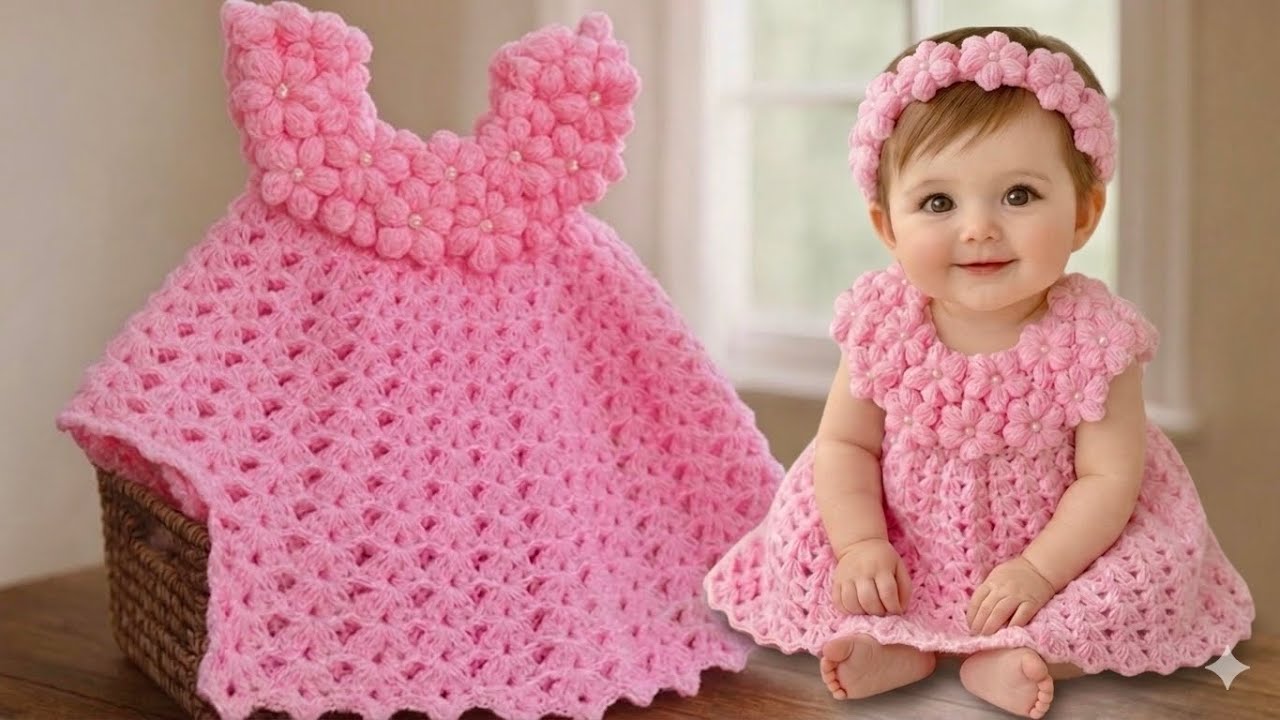 فستان كروشيه ورد باف بتصميم حصري لأول مرة | Puff Flower Baby Dress – 12-18 Months