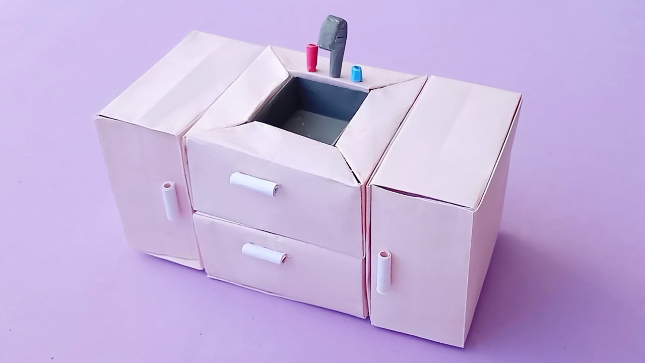 Easy paper dollhouse miniature Kitchen counter with cabinets and sink || origami Kitchen sink set