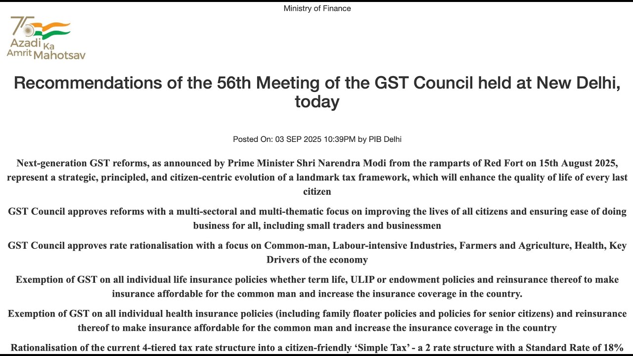 56th GST Council Meeting - Press Release with all new GST Changes