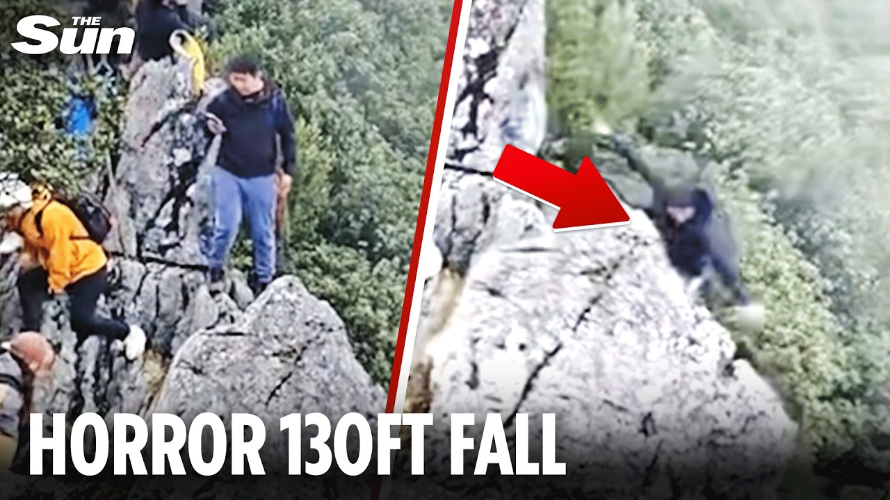 Moment tourist PLUNGES off 130ft cliff as onlookers scream in terror