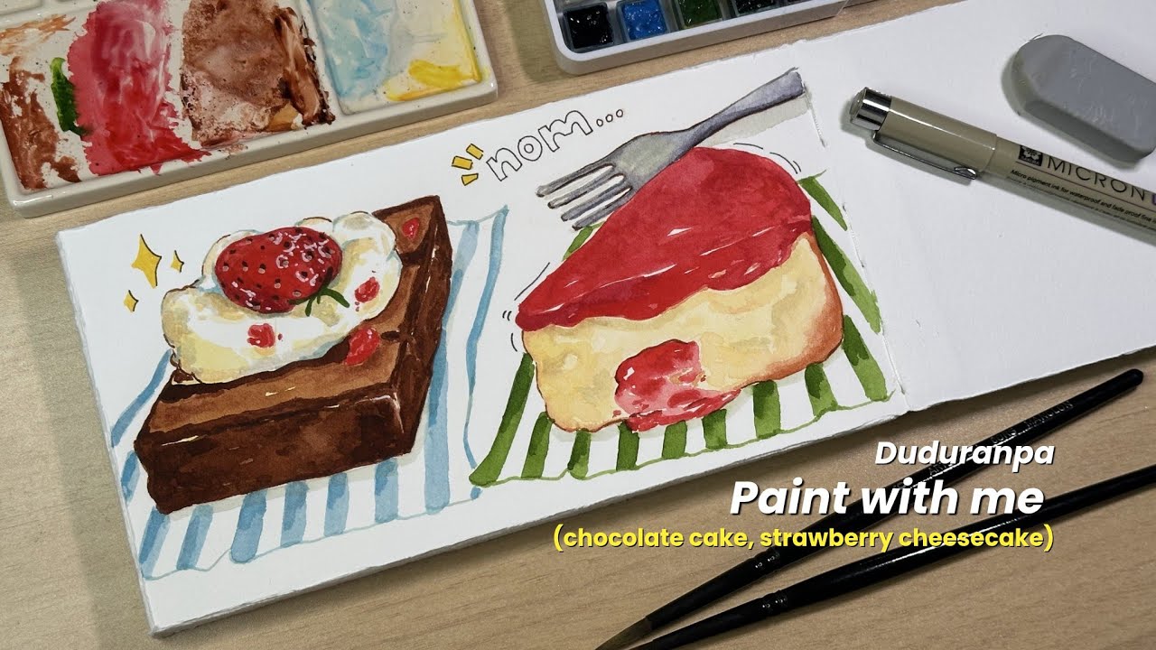 Chocolate cake and strawberry cheesecake food illustration ✨🍵 paint with me