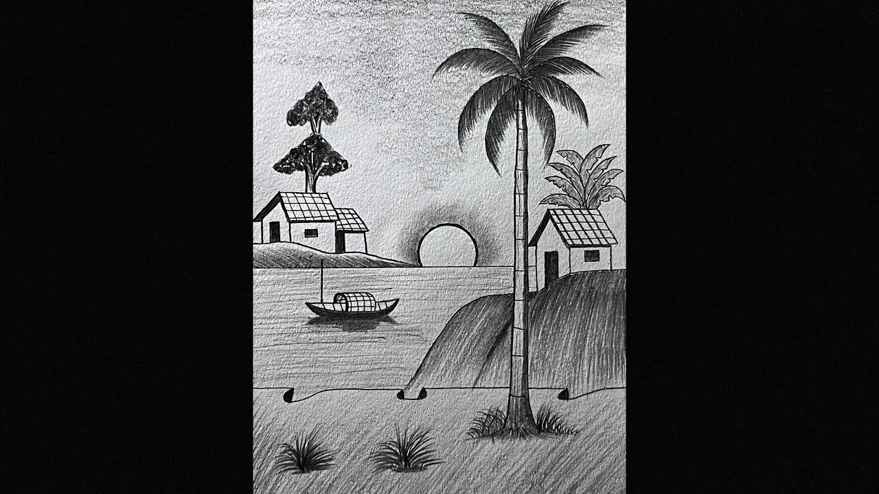Sunset scenery drawing with pencil