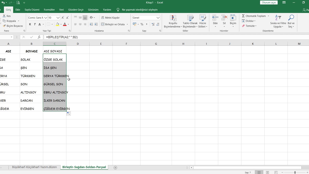 MS Excel'de Büyükharf, Küçükharf, Yazım.düzeni, Birleştir, Soldan, Sağdan, Parçaal Fonksiyonları
