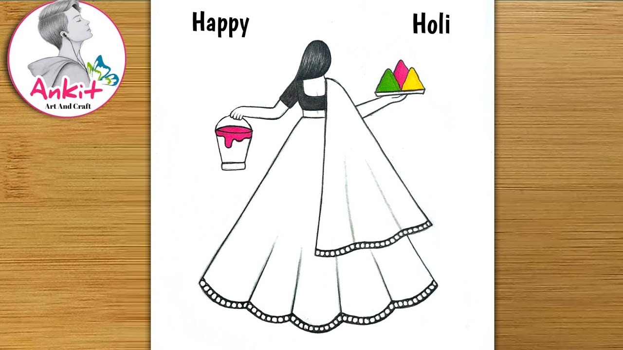 Holi Drawing easy | Holi drawing for kids | How to draw traditional girl celebrating Holi drawing 