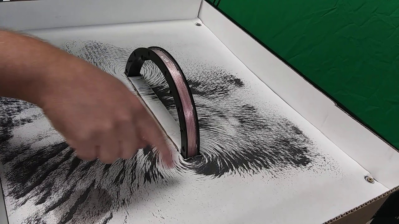 Iron filings near coil of wire carrying current