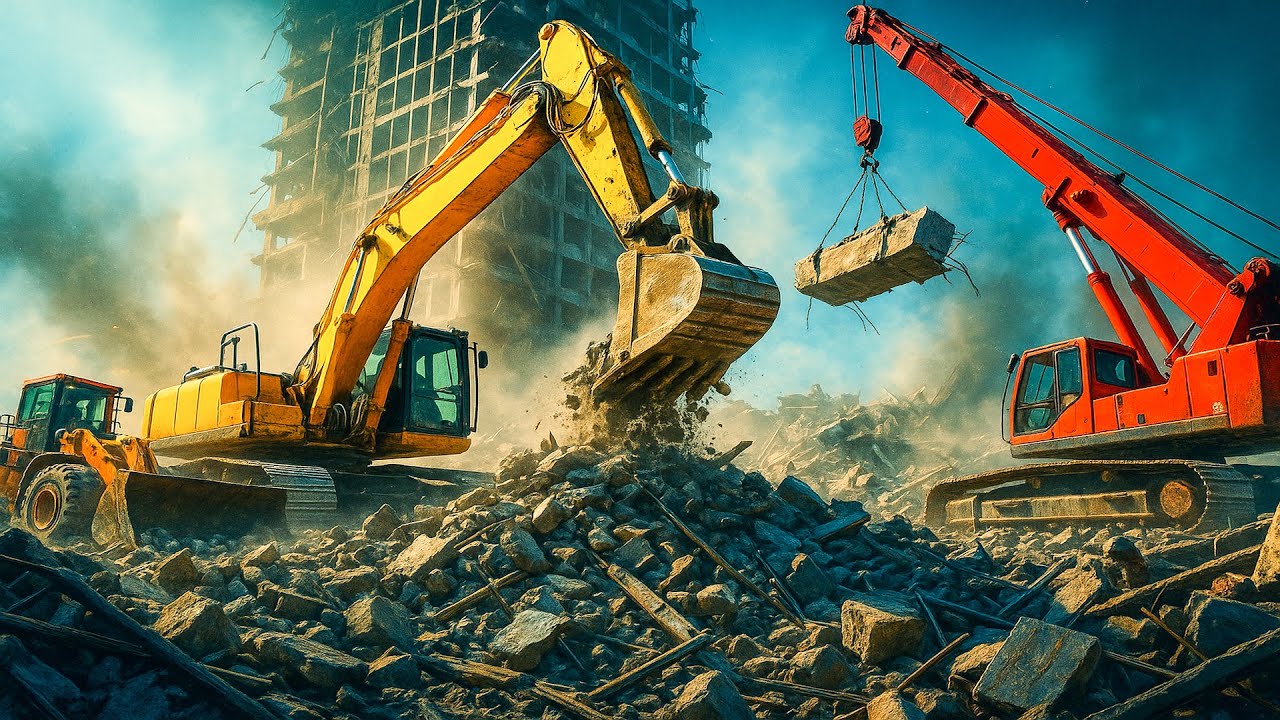 Excavator & Bulldozer Demolish the Massive High-Rise Tower | CONSTRUCTION VEHICLES