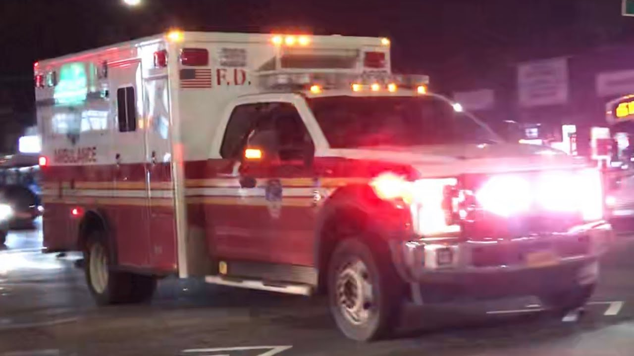 BRAND NEW FDNY EMS AMBULANCE, USING RUMBLER SIREN, RESPONDING ON HILLSIDE AVENUE IN JAMAICA, QUEENS.