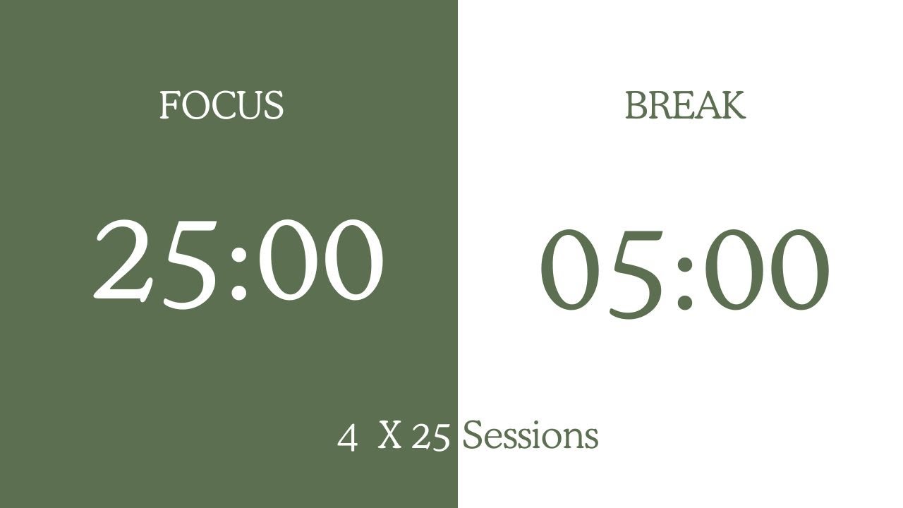 4 Hour Pomodoro Timer (25/5) – No Music | Study & Focus