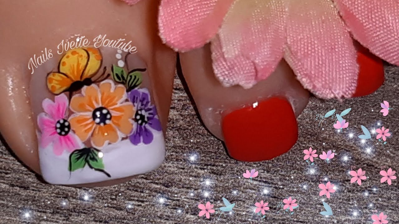 Decoración de uñas flores y mariposas para pie /Uñas decoradas para pié /Diseño de uñas para pié
