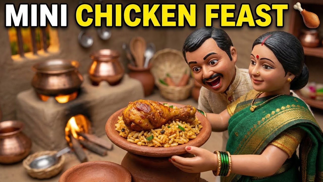 Miniature Doll Fried Chicken Thigh Rice Cooking ASMR | Indian Village Tiny Kitchen Story
