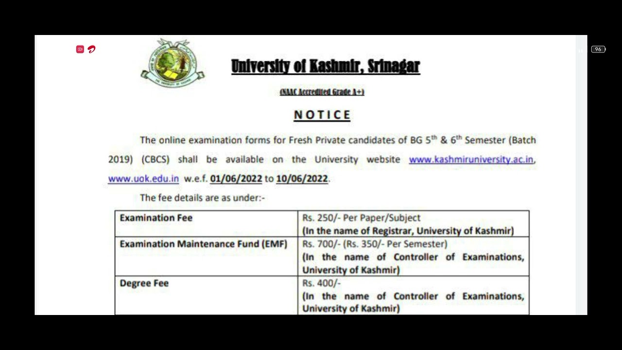 fresh private candidates update 2022 kashmir University