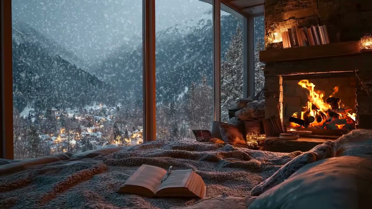 Cozy Snowy Forest Cabin Night with Crackling Fireplace Ambience for Relaxing Sleep, Calm & Focus
