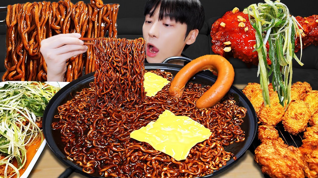 АСМР МУКБАНГ | Жареный цыпленок, лапша с черной фасолью, кимчи, рецепт колбасы есть звук!