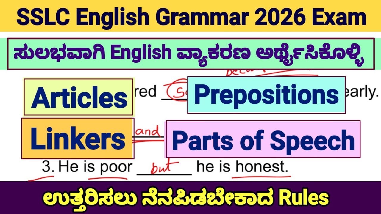SSLC English Grammar Articles Prepositions Linkers Parts of Speech 2026 Exam