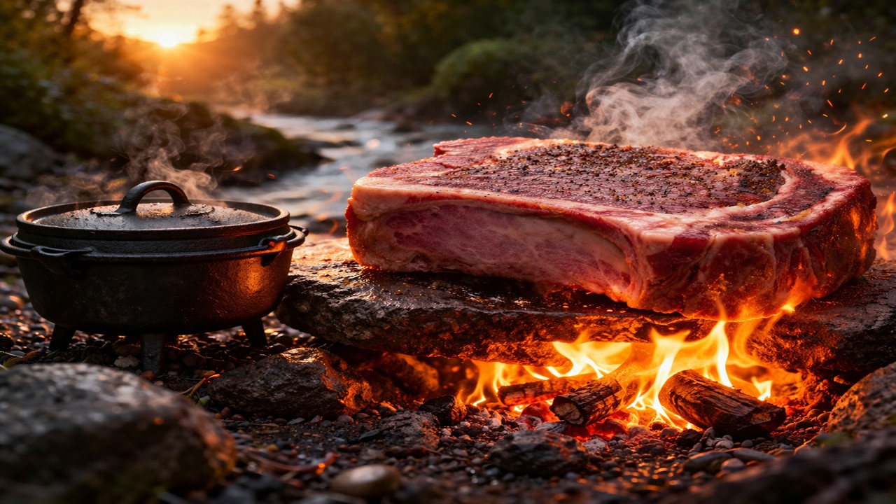 Primitive Steak on a Hot Stone | Bushcraft Cooking with Bacon Smashed Potatoes