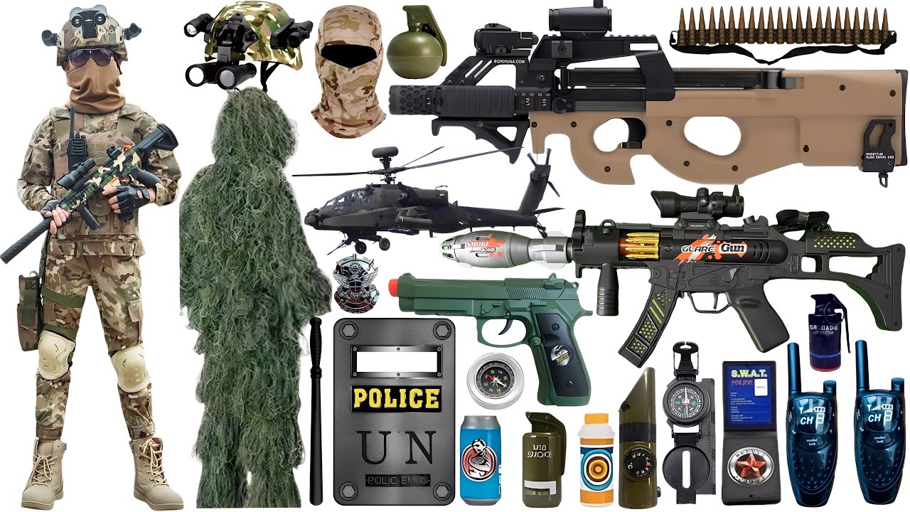 Special police weapon toy set unboxing, P90 submachine gun, rocket launcher, Glock pistol, shotgun