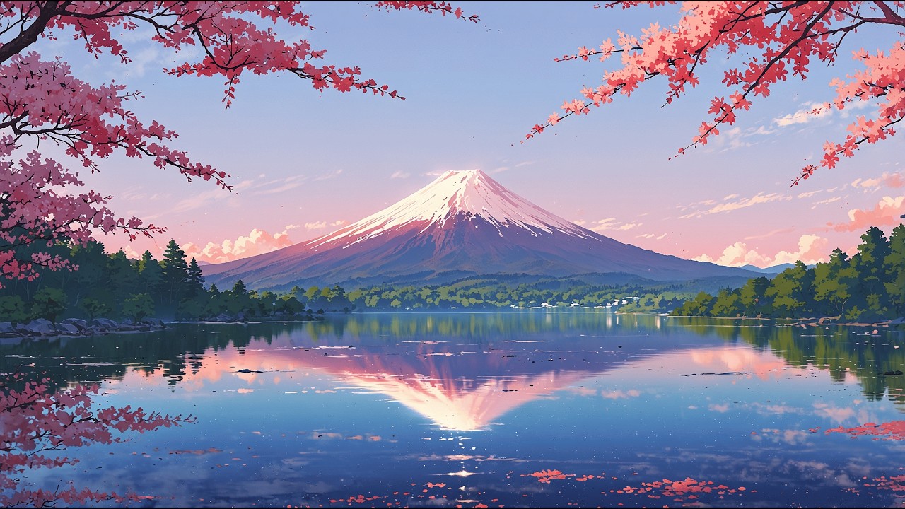 Mount Fuji Sakura Sunset 🌸 4K Anime Lofi Mix | Chill Beats to Study & Relax