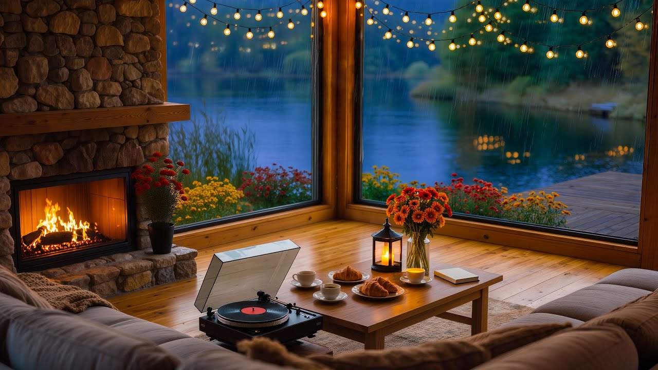 4K Cozy Living Room 🍂 Autumn Rain Jazz with Fireplace & Rain Sounds for Relaxing