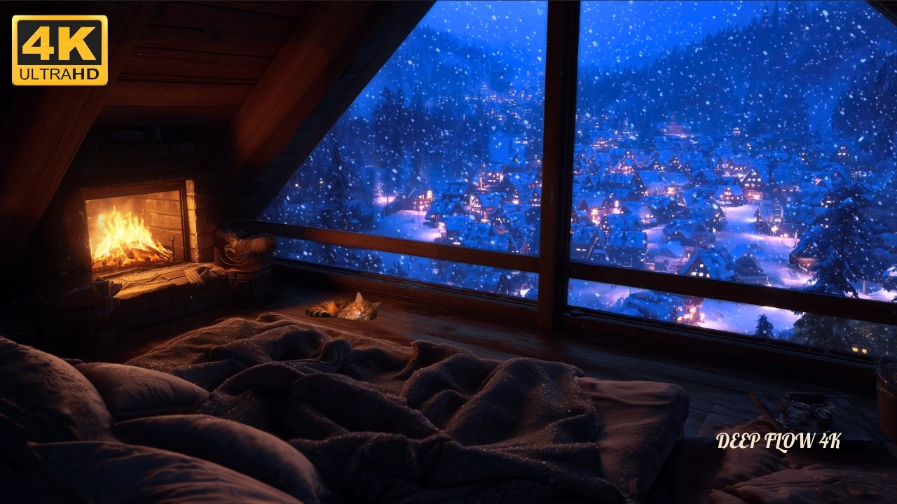 🔥 4K Cozy Attic Cabin with Fireplace ❄️ Snowy Village Night Outside the Window for Deep Sleep