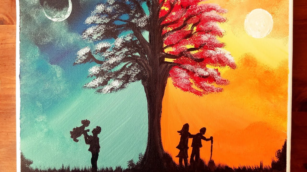 Father's Day Drawing || Easy Fathers Day Painting || Easy Father's Day Then and Now Sunset Painting