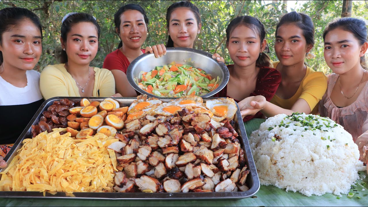Yummy cooking rice pork fried with egg fried and papaya salad recipe
