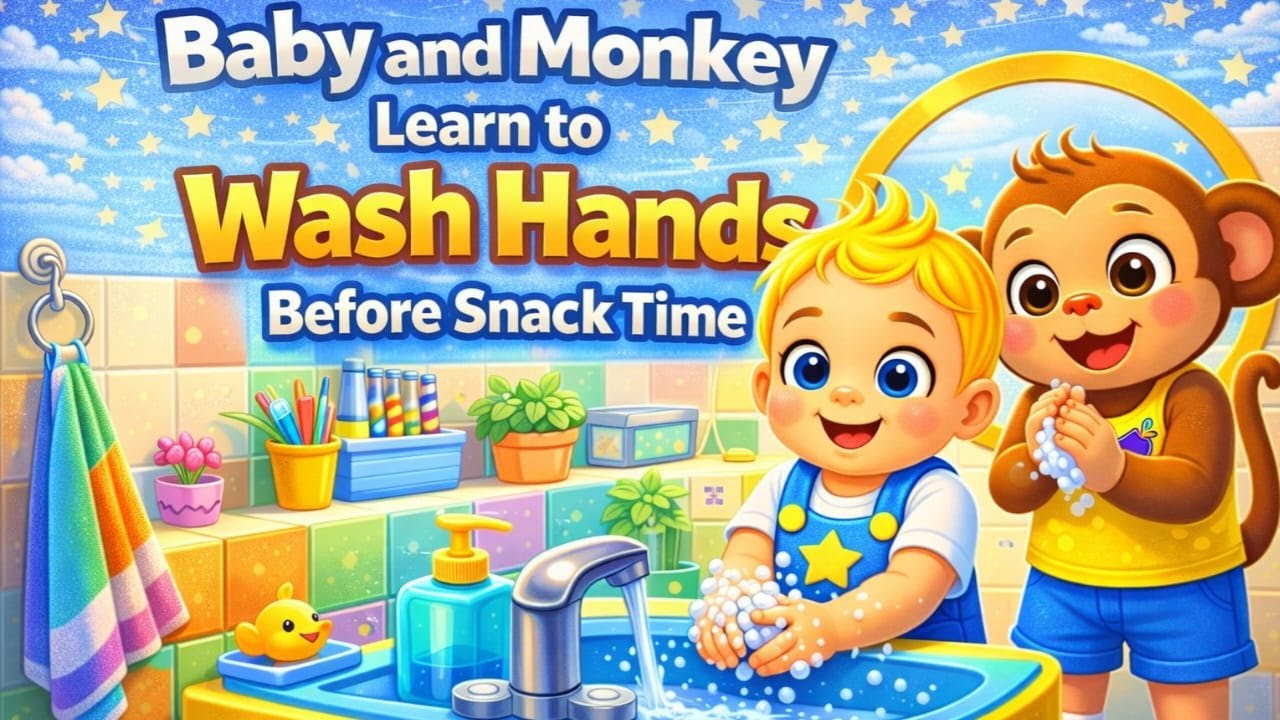 Baby and Monkey Learn to Wash Hands Before Snack Time