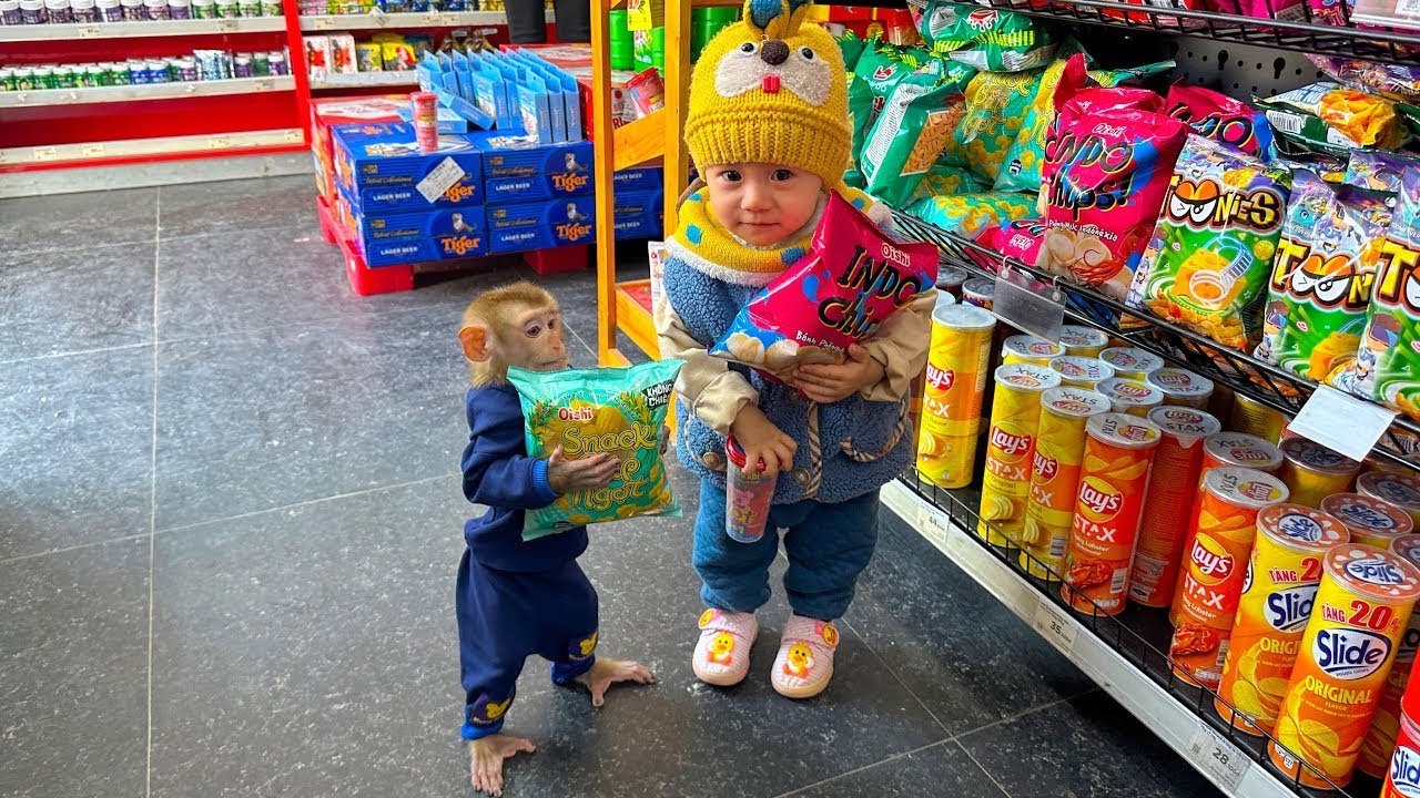 Monkey Kaka and Diem go to the supermarket to buy snacks.