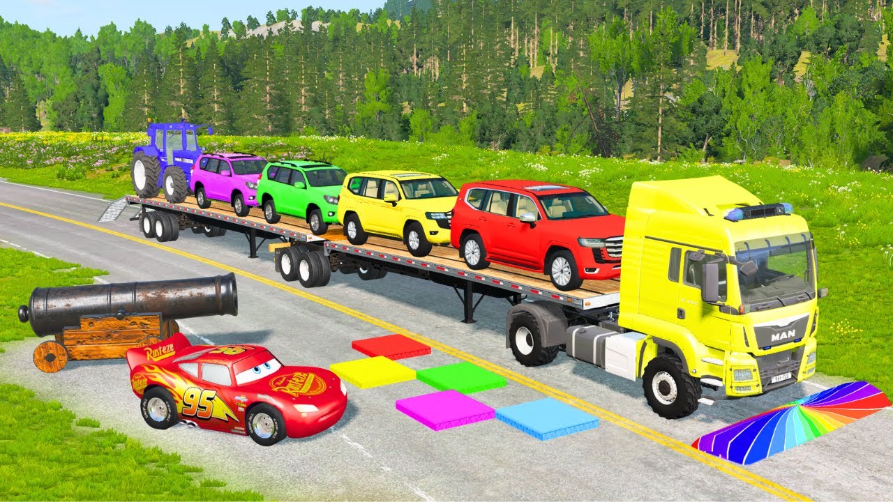 Flatbed Truck Mcqueen | Transportation with Truck - Pothole vs Car #173 - BeamNG.Drive