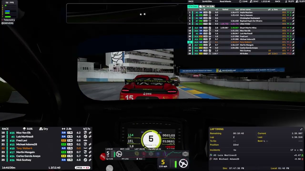 GT4 Challenge 20 min race on Iracing  S4W4 2025 at Rd Atlanta in Aston Martin Vantage GT4