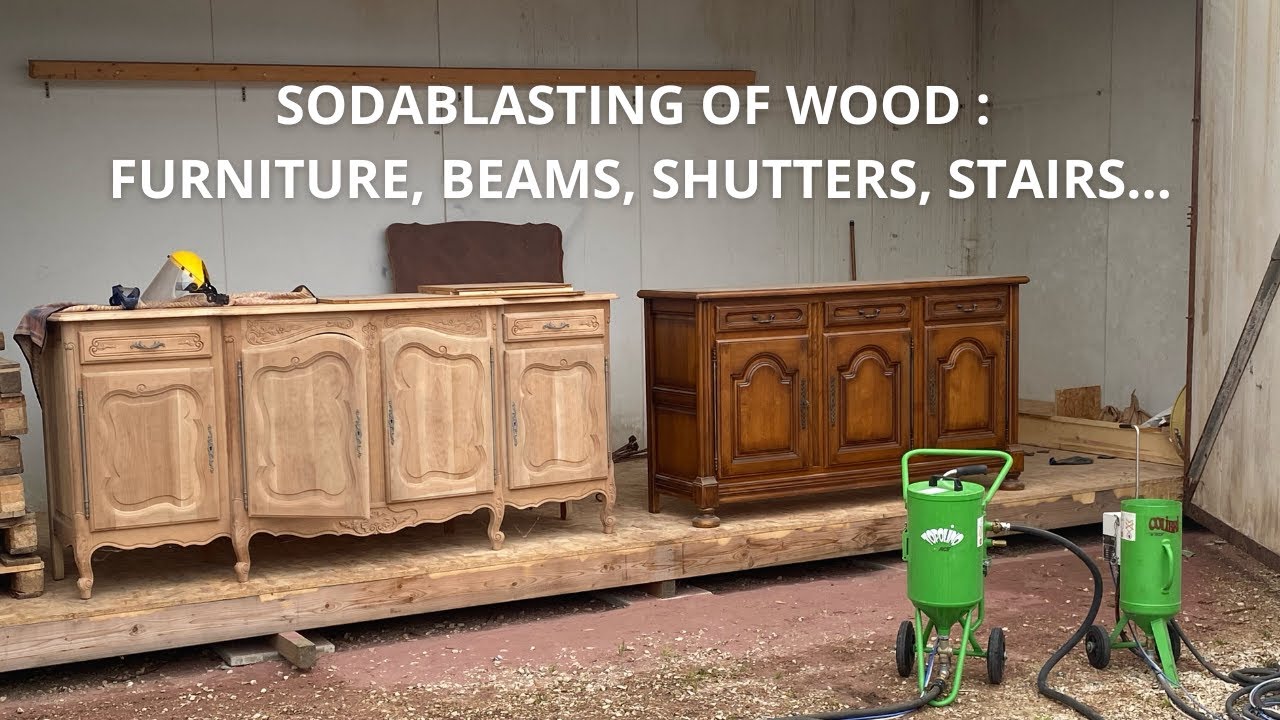 Sodablasting of wood : demonstration on furniture, beams, shutters, stairs... ACF sandblaster