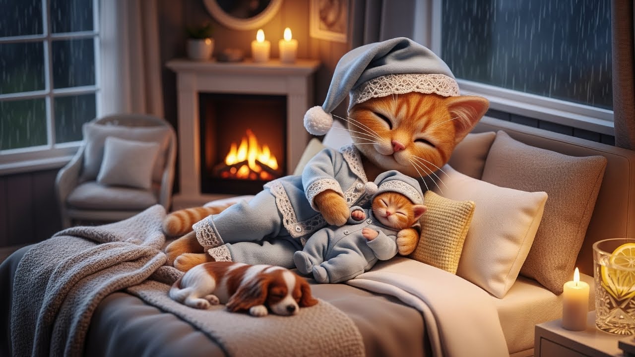 🌙 1 Hour of Rainy Night Sleep with Mama Cat | Fireplace, Candlelight & Cozy Bedroom