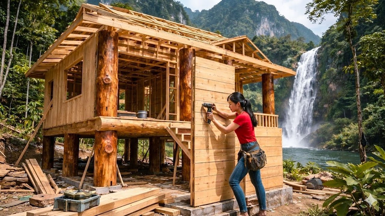 TIMELAPSE: Talented Young Woman Builds and Assembles Wooden Walls for Her Dream House