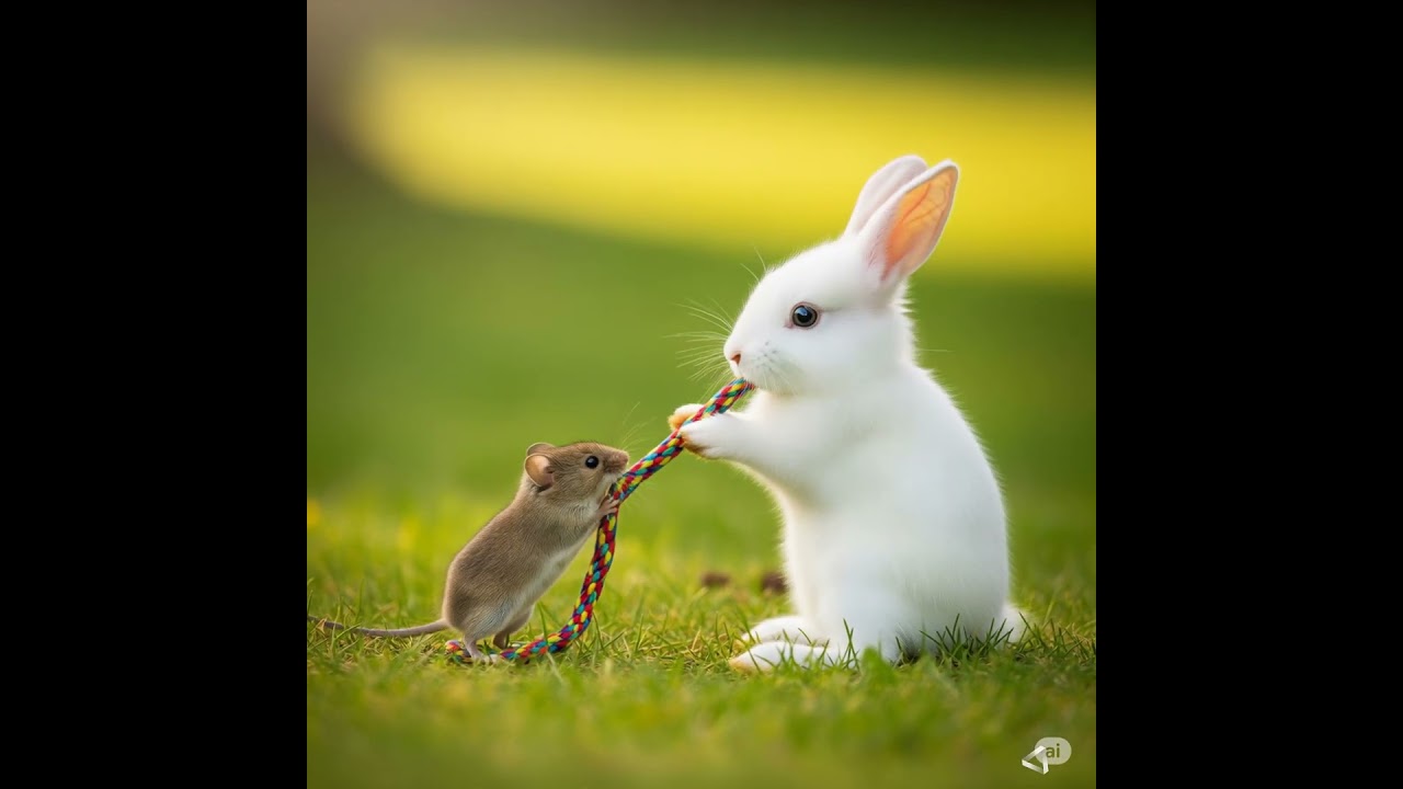 The mouse and the rabbit won the tug of war #rabbit #cute #cuteanimals #animals #funny