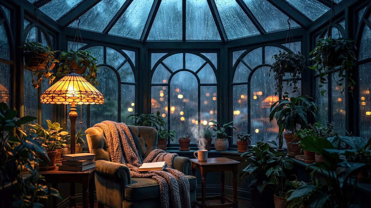 Шум Дождя по Стеклянной Крыше для Сна и Фокуса 🌧️ Уютная Атмосфера Солнечной Комнаты (Чёрный Экран..
