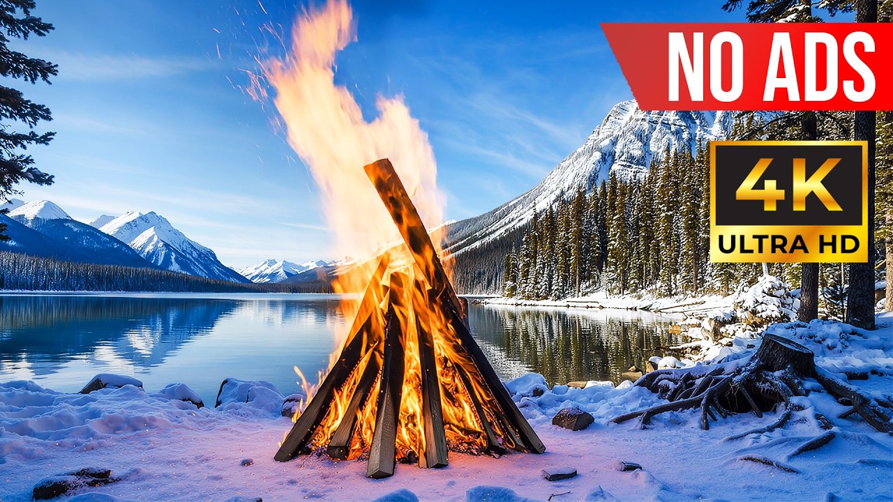 Winter Campfire by Lake ❄️🔥6 Hours Snowy Forest & Birds Sounds | Relaxing Fireplace Ambience