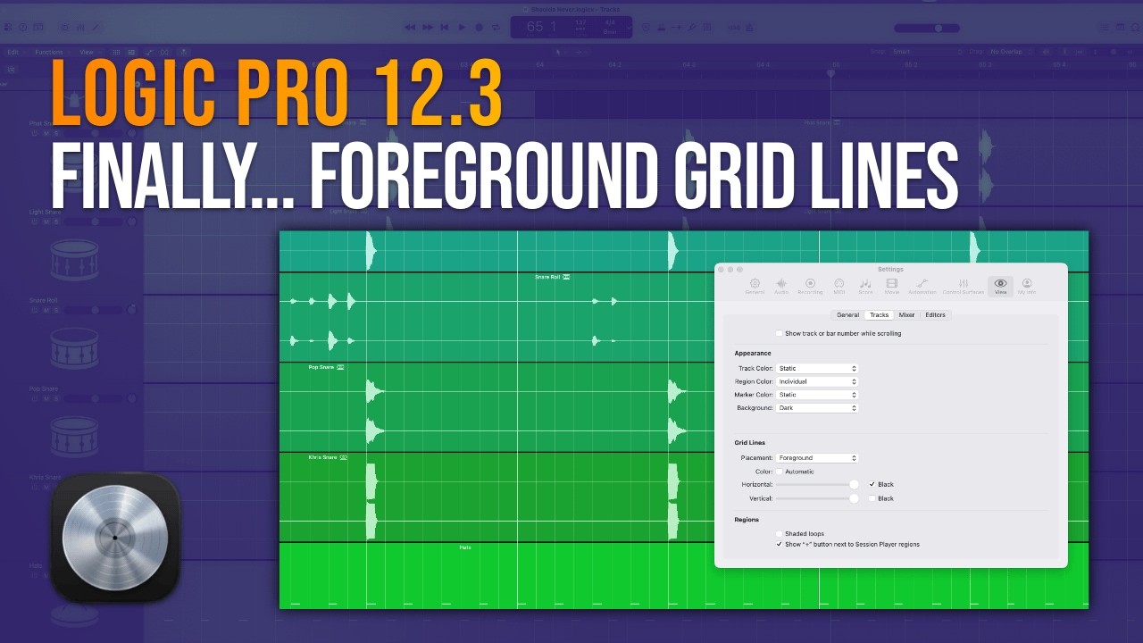 Aktualizacja Logic Pro 12.3: linie siatki NA regionach!