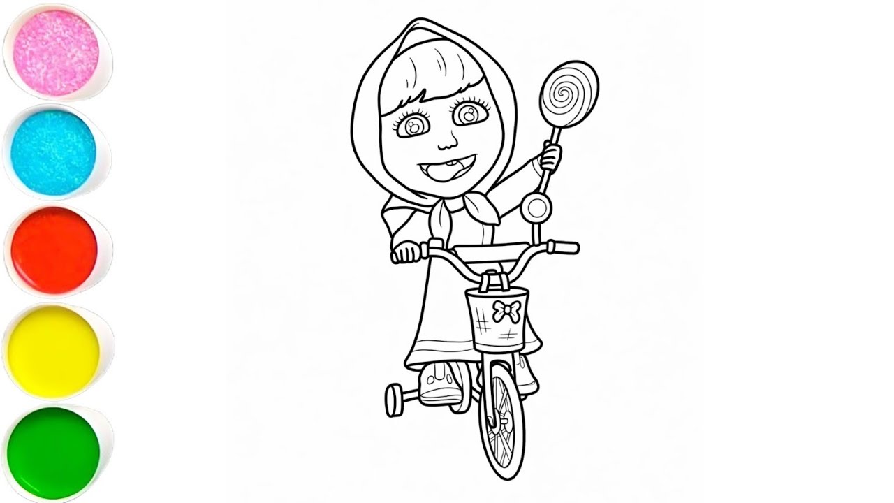 Cute Masha on cycle drawing painting and colouring for kids and toddlers